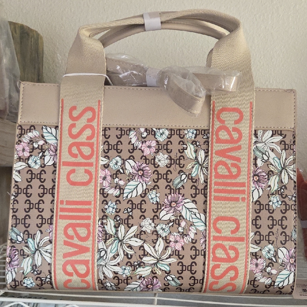 Cavalli Class Beige Floral Tote Bag